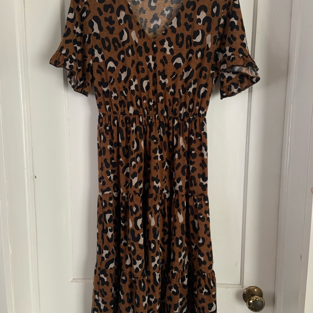 Boutique Betsy Leopard Print V-Neck Dress, flutter sleeve midi length
